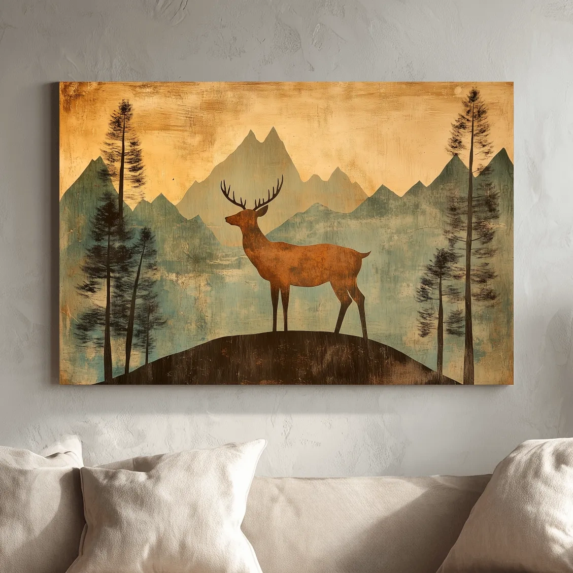 Rustic Deer Silhouette Mountain Landscape - Vintage Woodland Wall Art