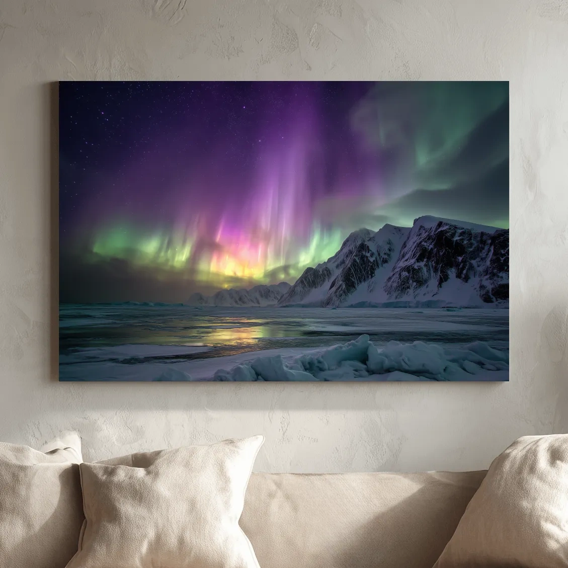 Vibrant Northern Lights Over Snowy Mountains - Aurora Borealis Photographic Night Sky Wall Art