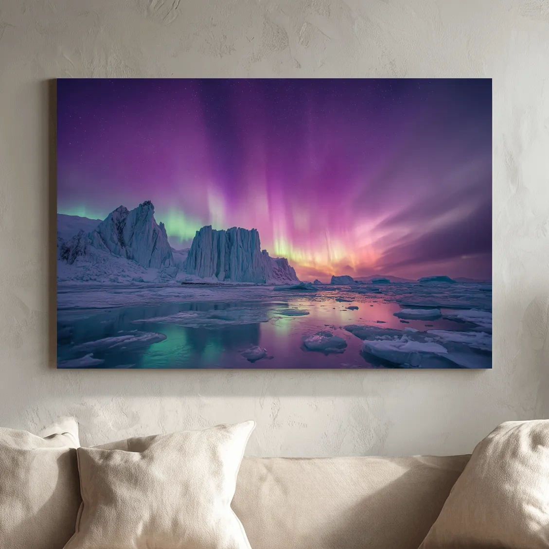 Vibrant Purple Northern Lights Over Arctic Icebergs - Aurora Borealis Landscape Wall Art
