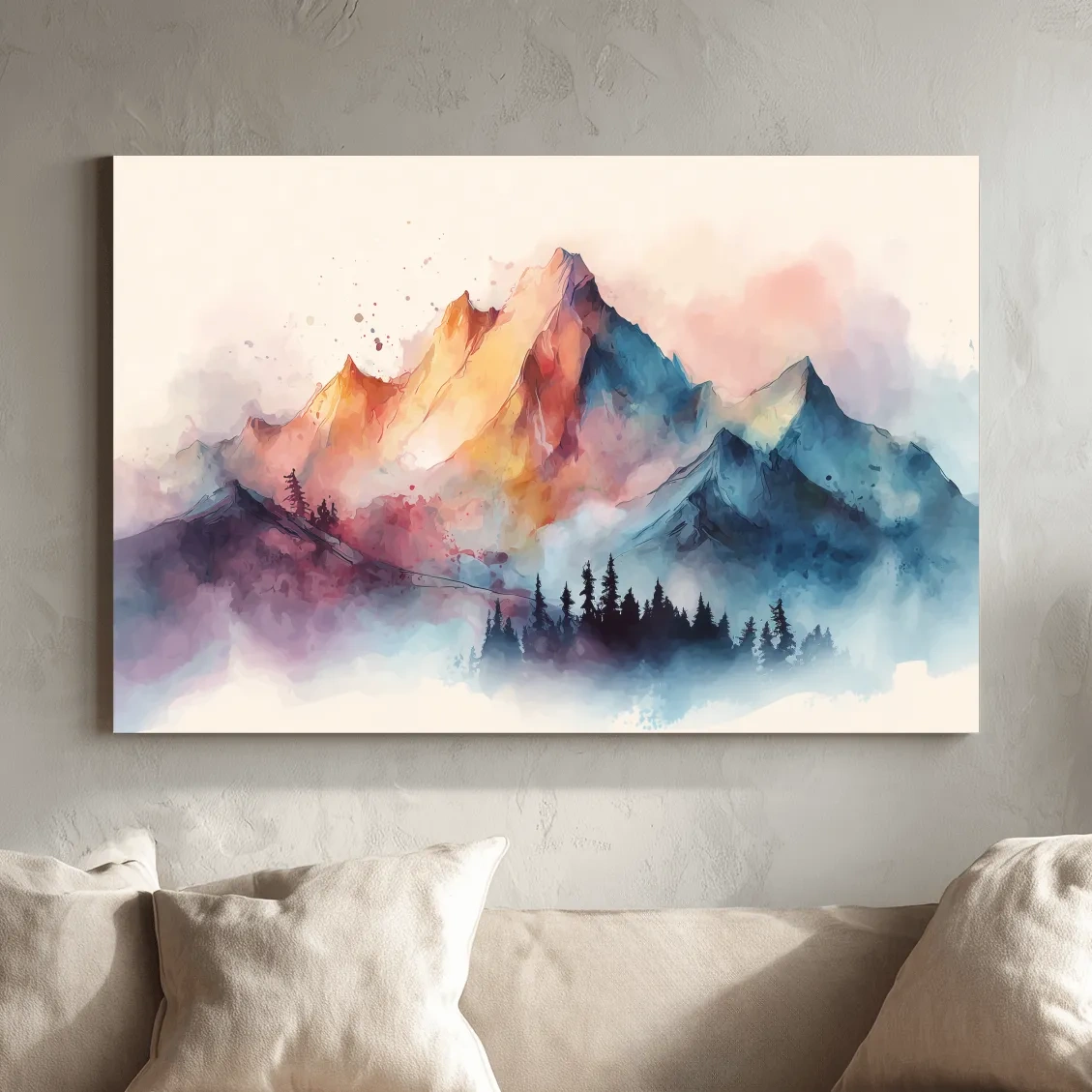 Vibrant Watercolor Mountain Peaks - Colorful Misty Alpine Forest Wall Art