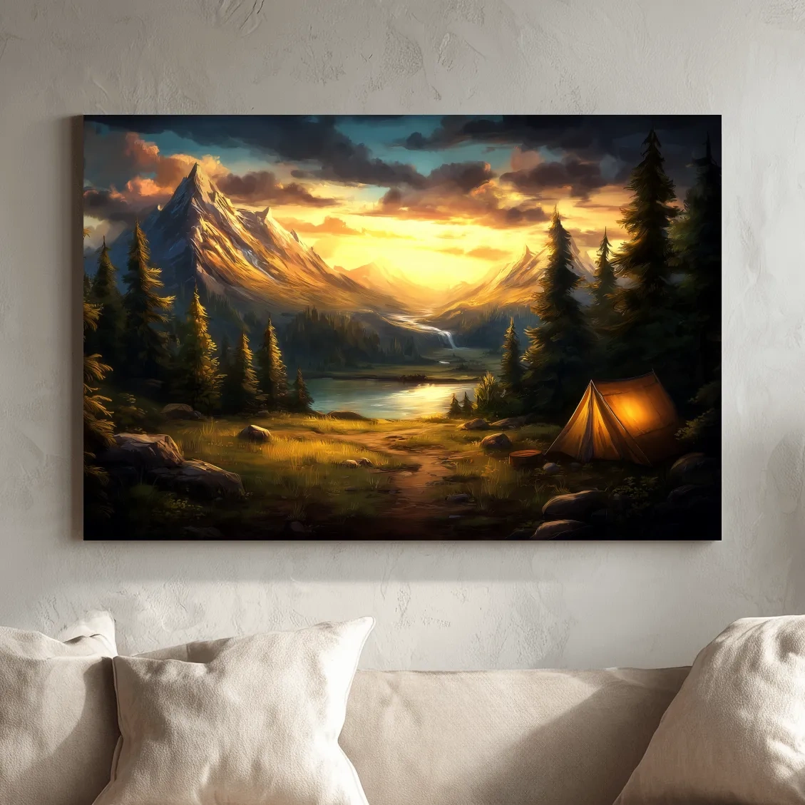 Golden Sunset Alpine Camping Scene Impressionist Painting - Scenic Mountain Wall Art