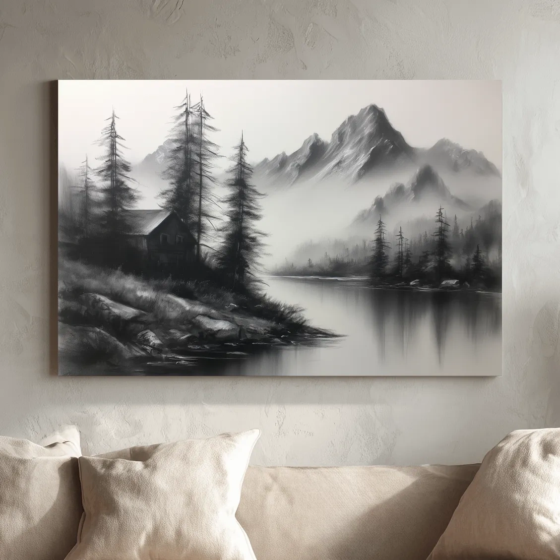Moody Monochrome Alpine Lake Cabin - Charcoal Mountain Sketch Style Wall Art