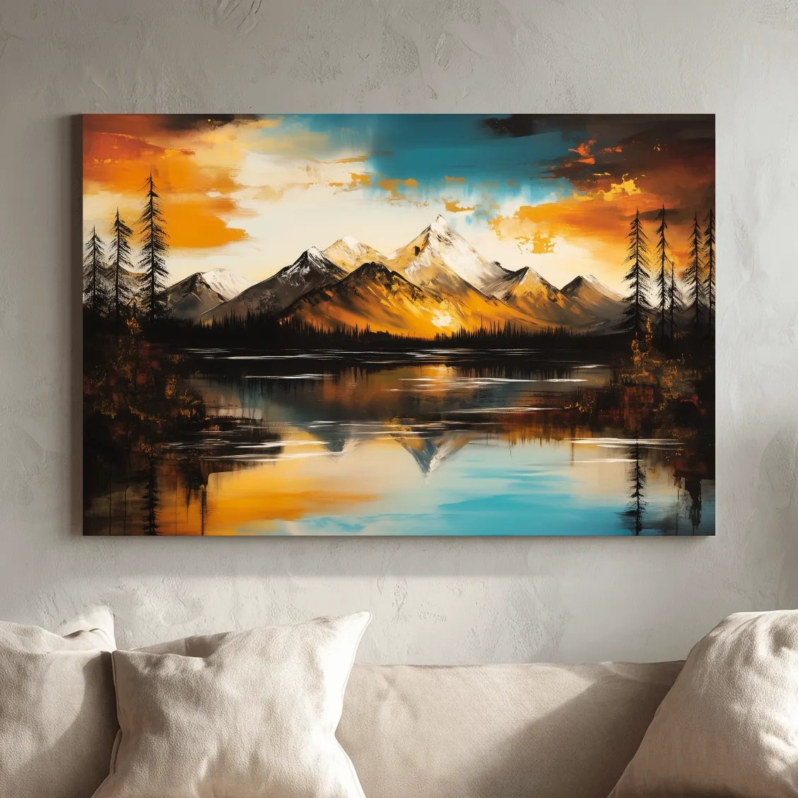 Alpine Mountain Sunset Oil Painting - Textured Abstract Landscape Wall Art