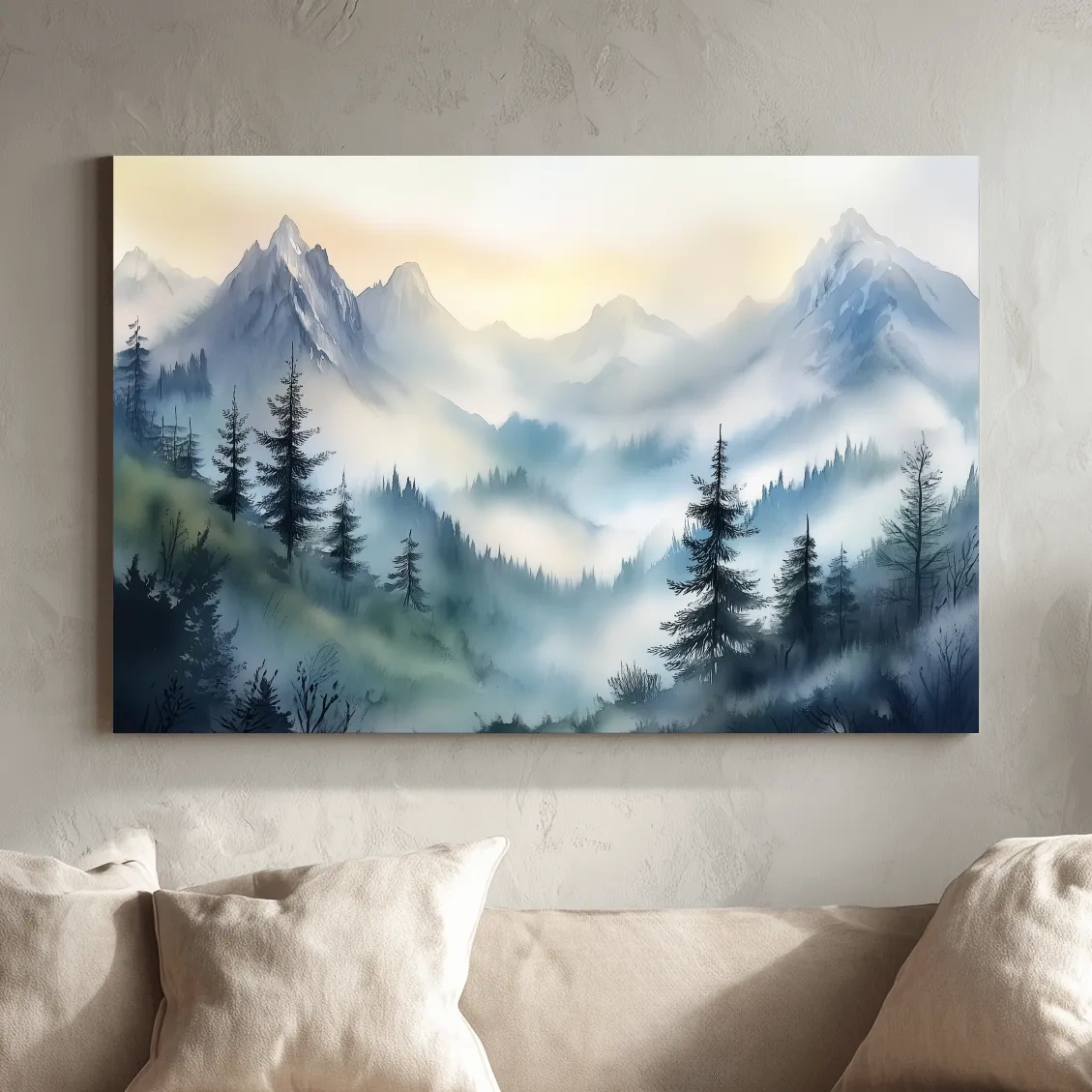 Chinese Ink Wash Watercolor Mountain Peaks - Foggy Alpine Wall Art