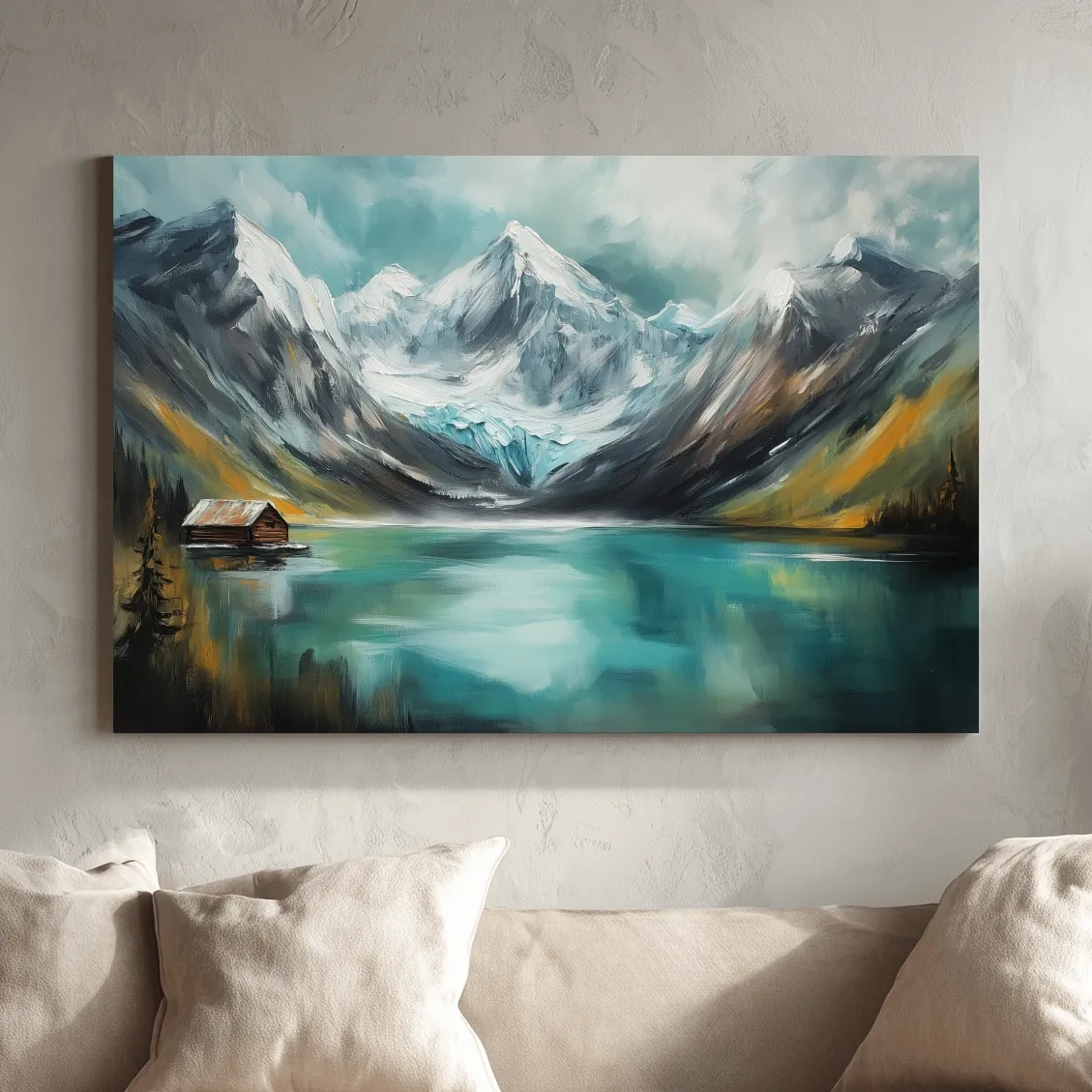 Turquoise Alpine Lake Cabin Painting - Snowy Mountain Landscape Wall Art