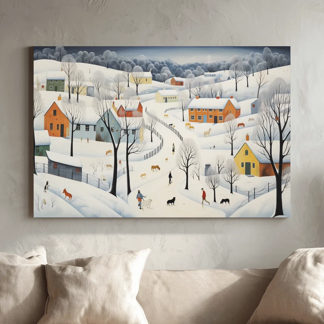 Whimsical Snowy Village Winter Landscape Painting - Folk Art Countryside Wall Art