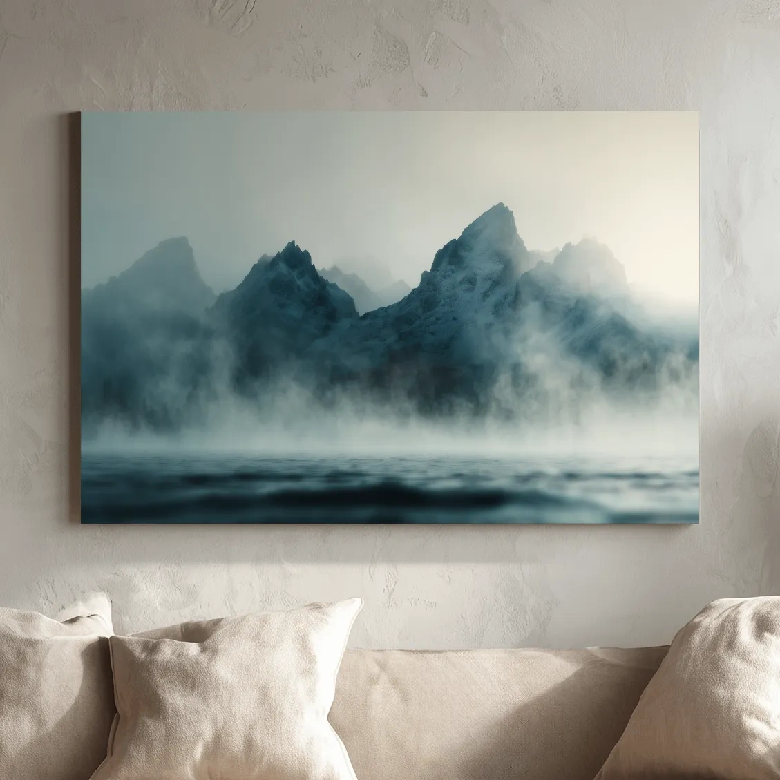 Moody Misty Mountain Peaks Over Water - Atmospheric Monochrome Landscape Wall Art