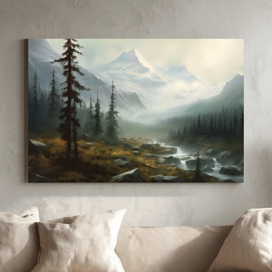 Misty Alpine Mountain Valley Painting - Foggy Evergreen Forest Wall Art