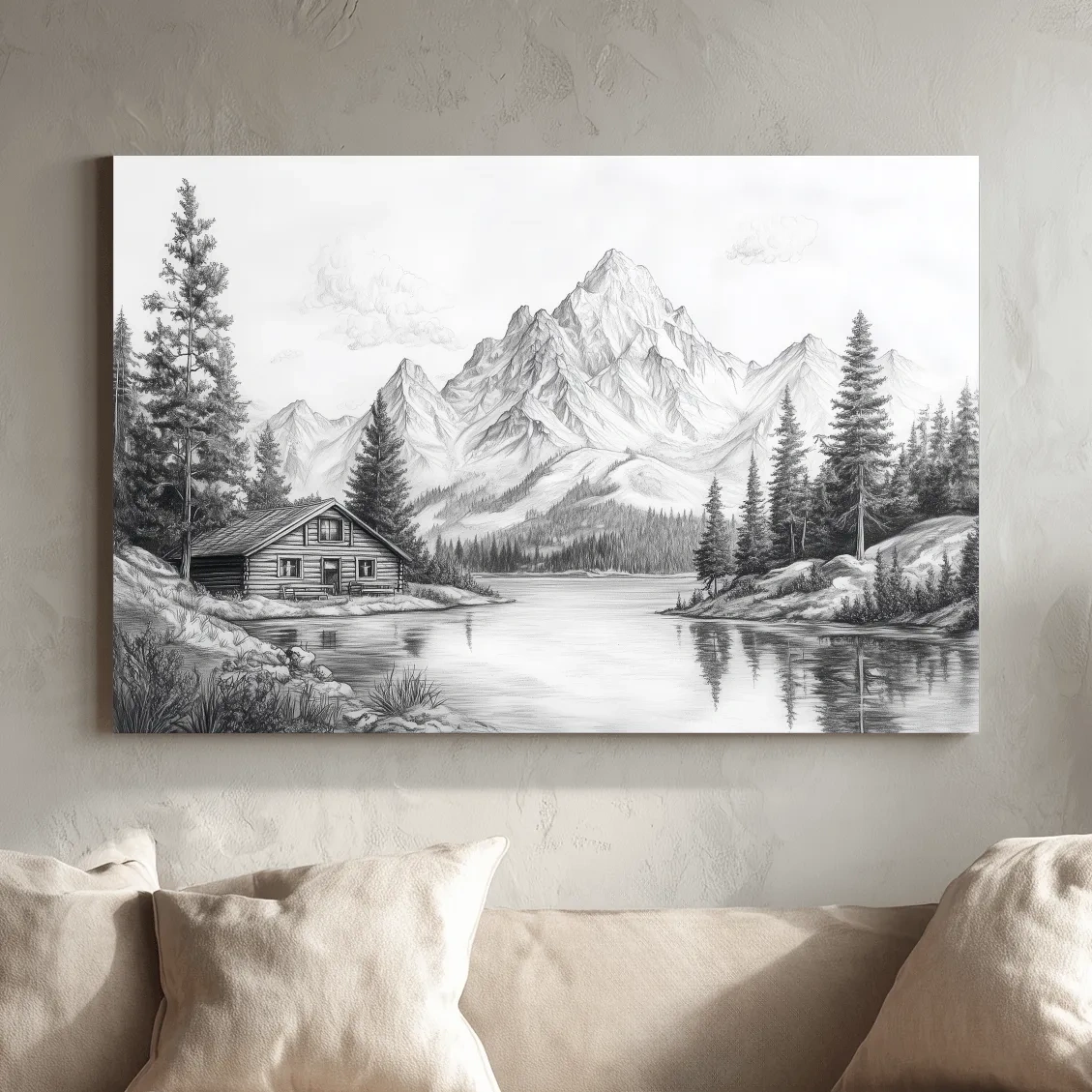 Vintage Pencil Sketch Alpine Lake Cabin - Black And White Mountain Landscape Wall Art