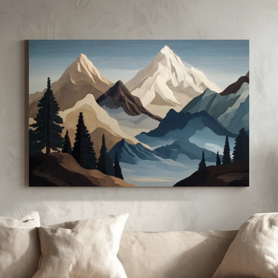 Textured Layered Alpine Mountain Peaks - Scenic Forest Wall Art
