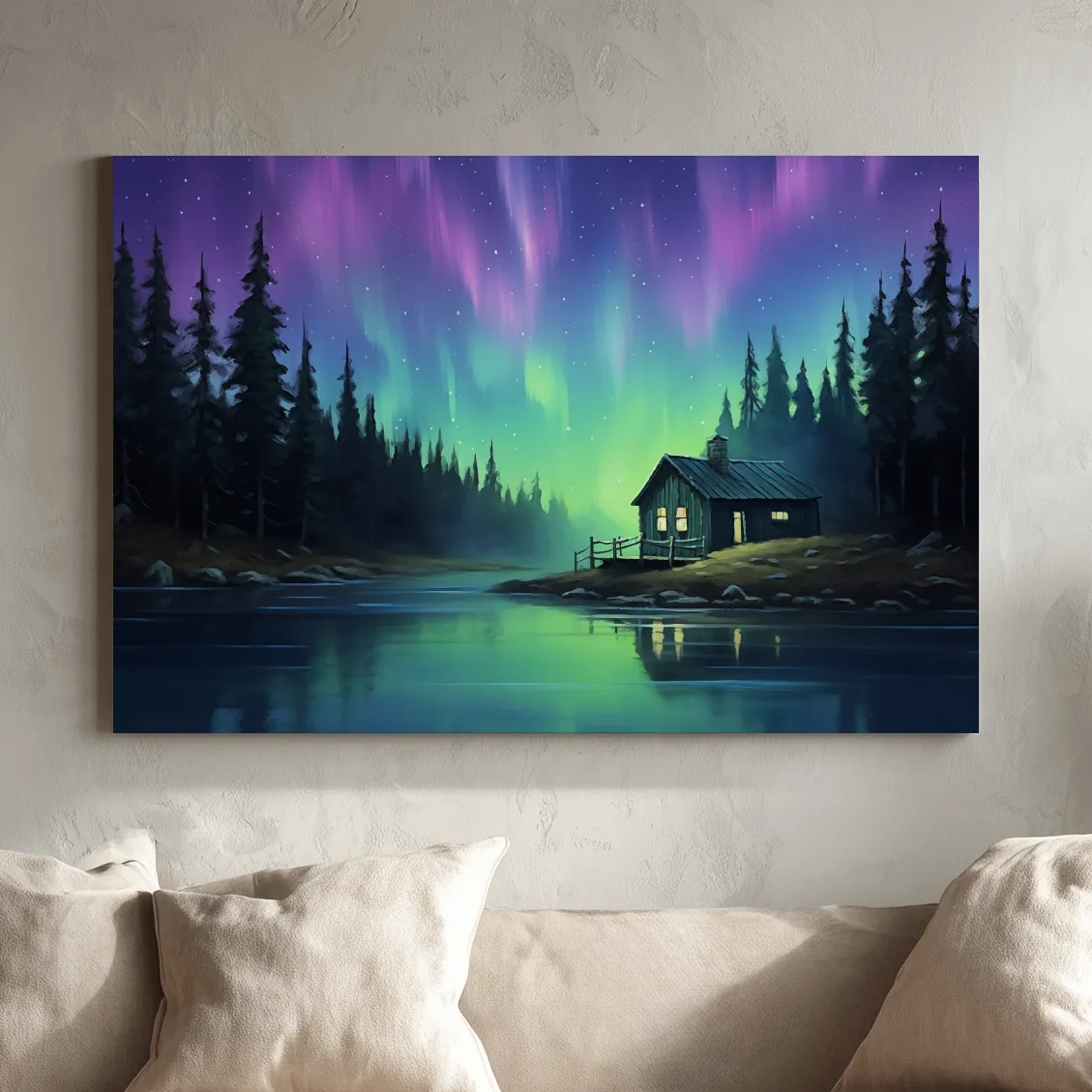 Northern Lights Over Lakeside Cabin Painting - Aurora Borealis Night Wall Art