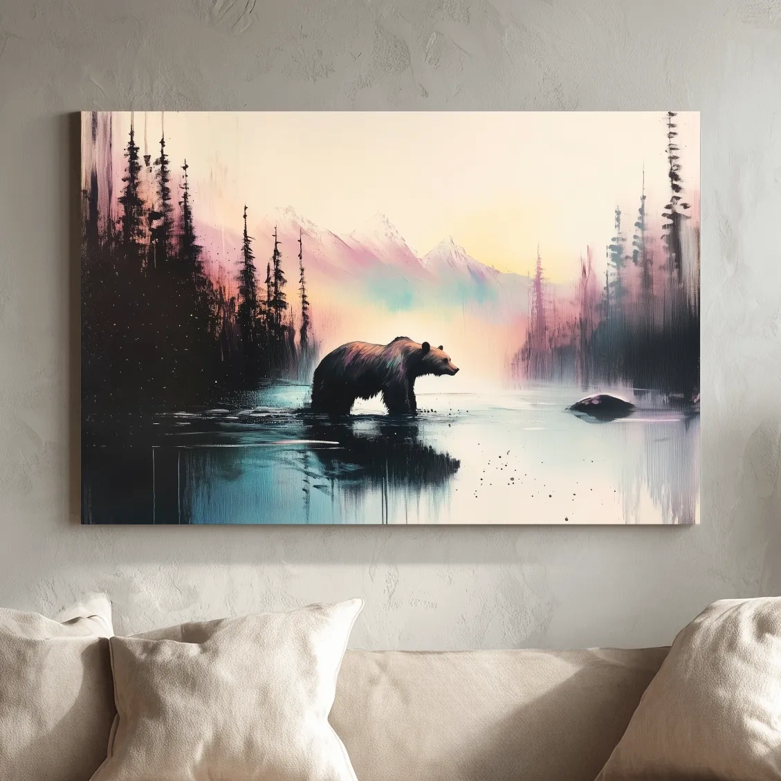 Moody Watercolor Grizzly Bear Lake Reflection - Misty Mountain Wilderness Wall Art