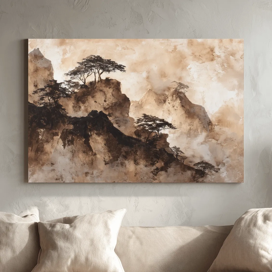 Sepia Japandi Mountain Ridge Painting - Atmospheric Ink Wash Art