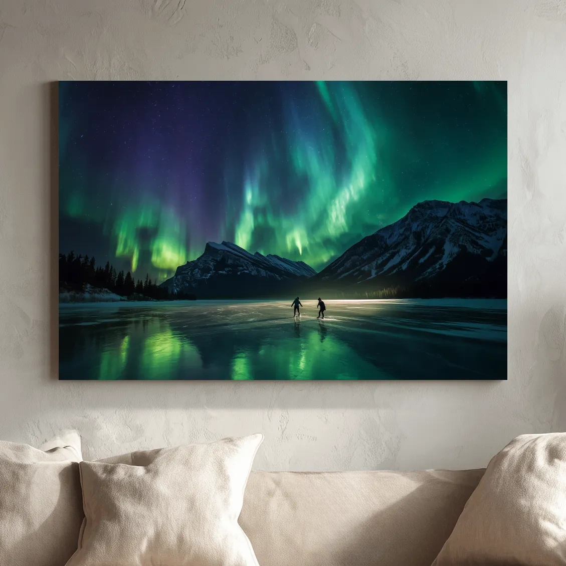 Ice Skaters Under Vibrant Northern Lights - Aurora Borealis Photographic Wall Art
