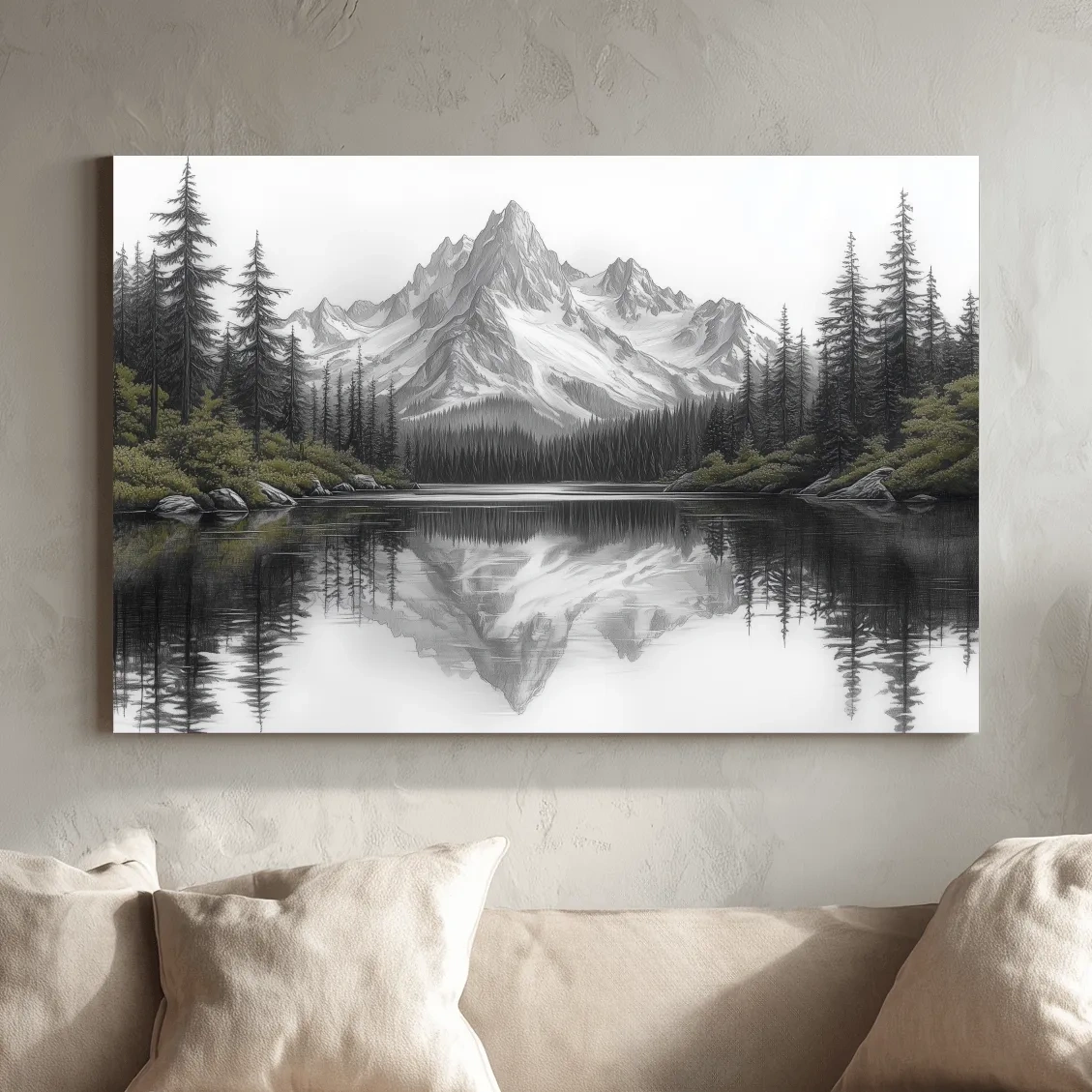 Monochrome Alpine Mountain Lake Reflection Sketch Artwork - Minimalist Forest Landscape Wall Art