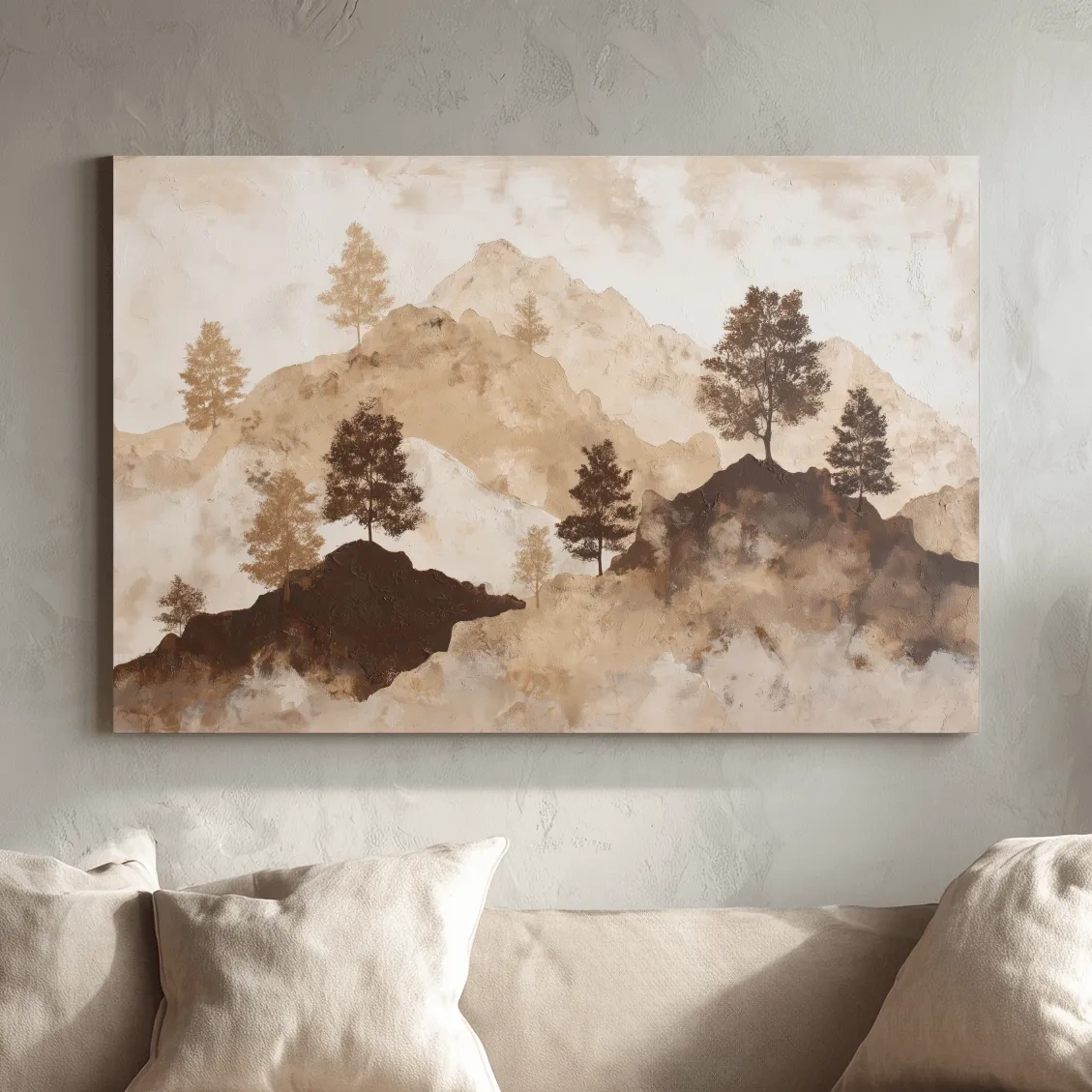 Wabi-Sabi Mountain Tree Silhouettes Painting - Minimalist Landscape Wall Art