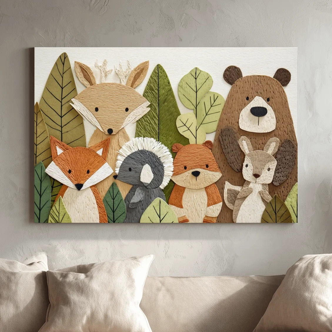 Woodland Animal Nursery Decor - Cute Forest Animals Embroidery Style Wall Art