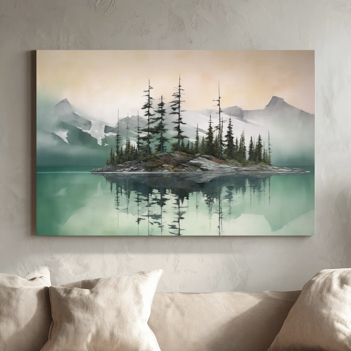 Misty Turquoise Alpine Lake Reflection - Serene Watercolor Mountain Landscape Wall Art