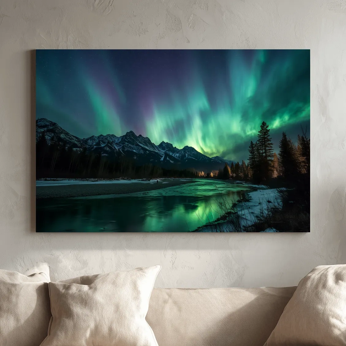 Vibrant Green Northern Lights Over Frozen Lake - Aurora Borealis Landscape Wall Art