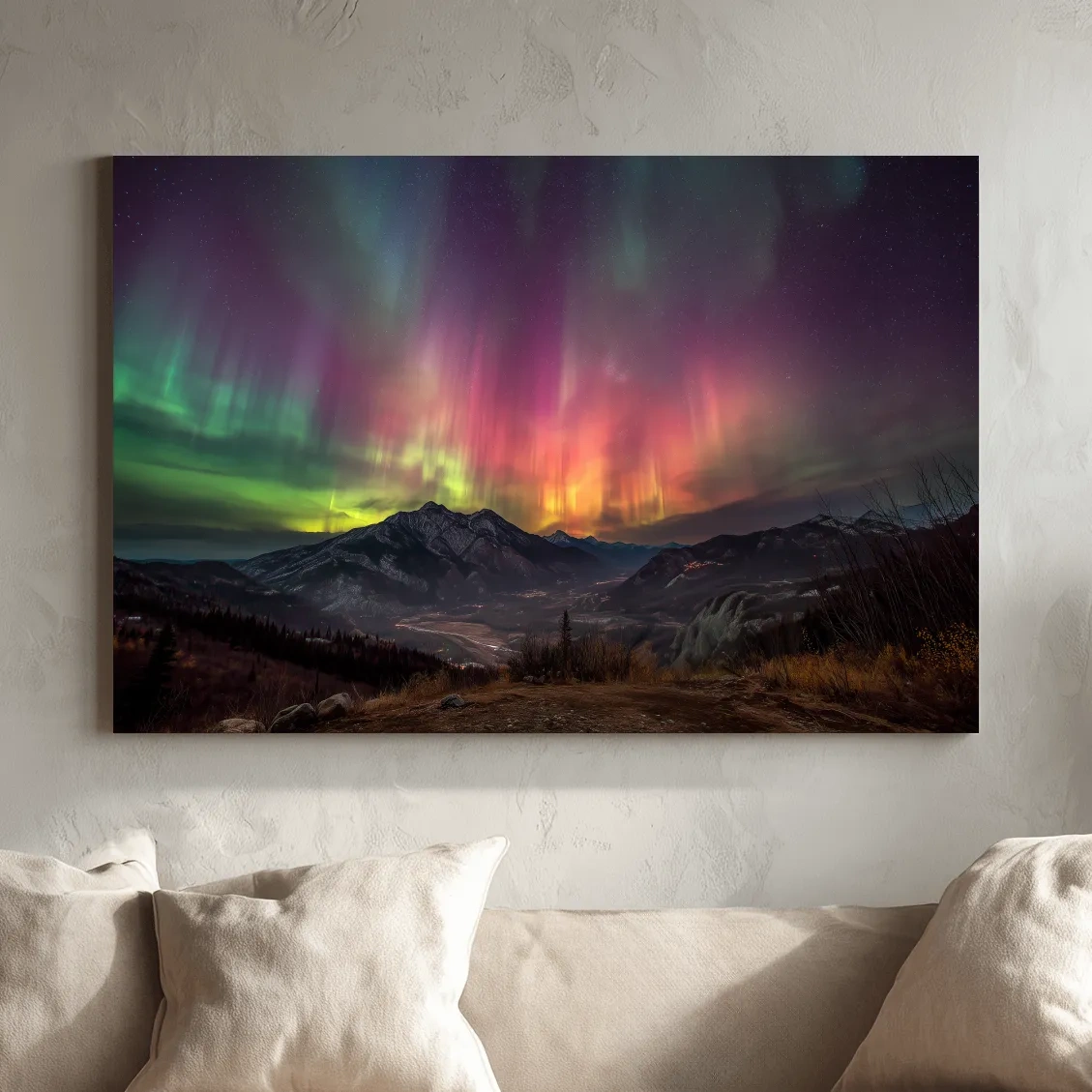 Vibrant Aurora Borealis Over Mountain Range - Colorful Northern Lights Landscape Wall Art