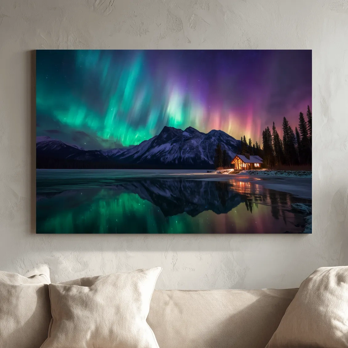 Vibrant Northern Lights Over Mountain Lake Cabin - Aurora Borealis Landscape Wall Art