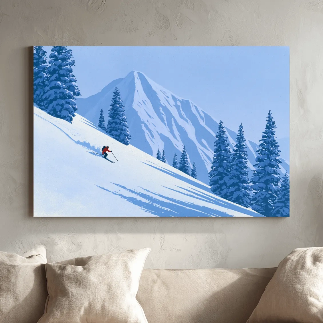 Minimalist Snowy Mountain Skier Landscape - Winter Alpine Illustration Wall Art
