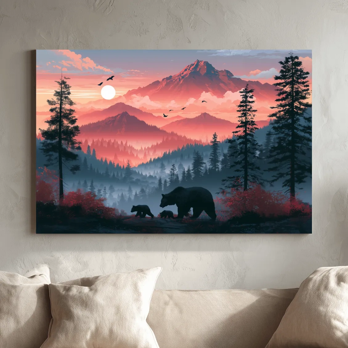 Sunset Mama Bear & Cubs Silhouette - Forest Wildlife Wall Art