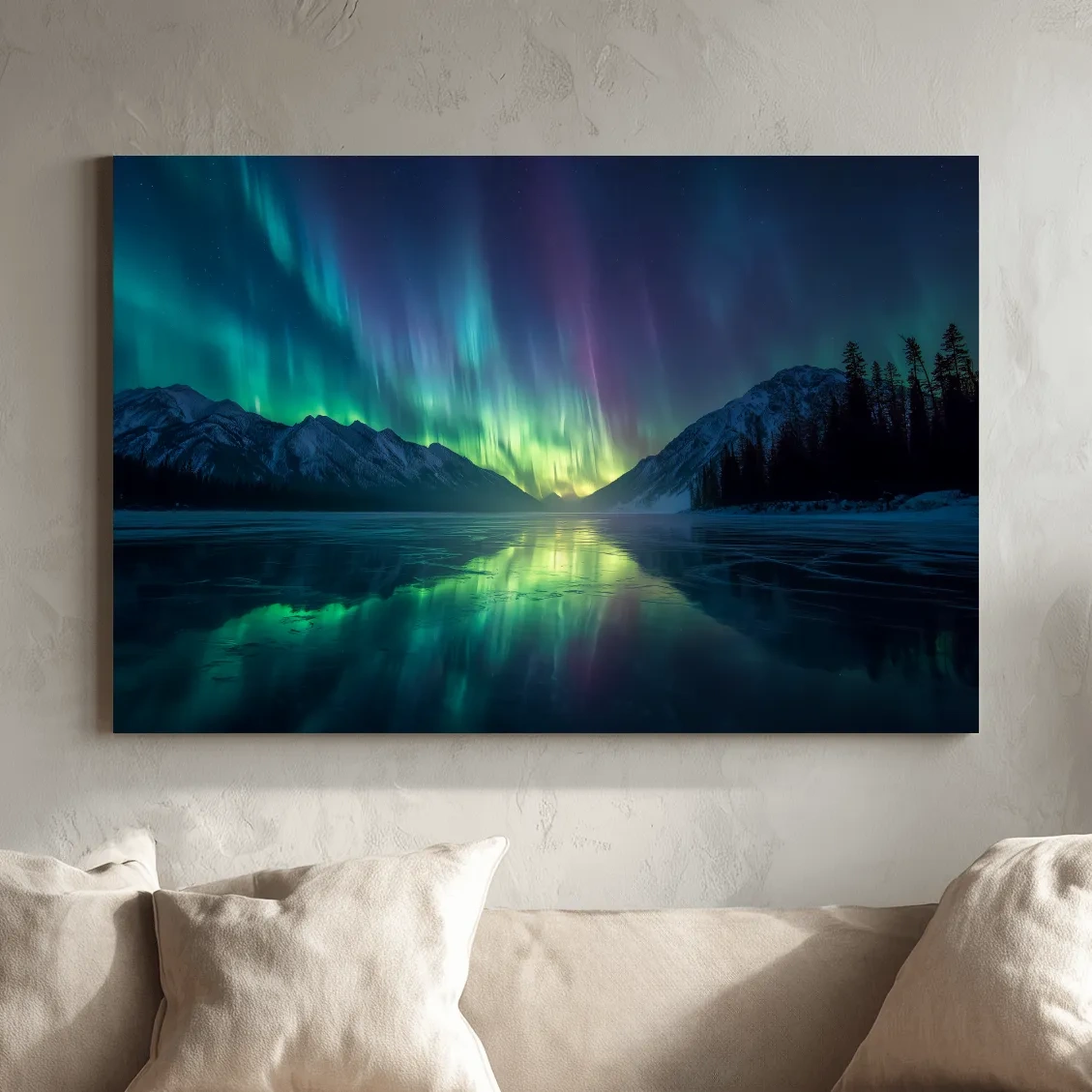 Vibrant Northern Lights Over Icy Mountain Lake - Aurora Borealis Wall Art