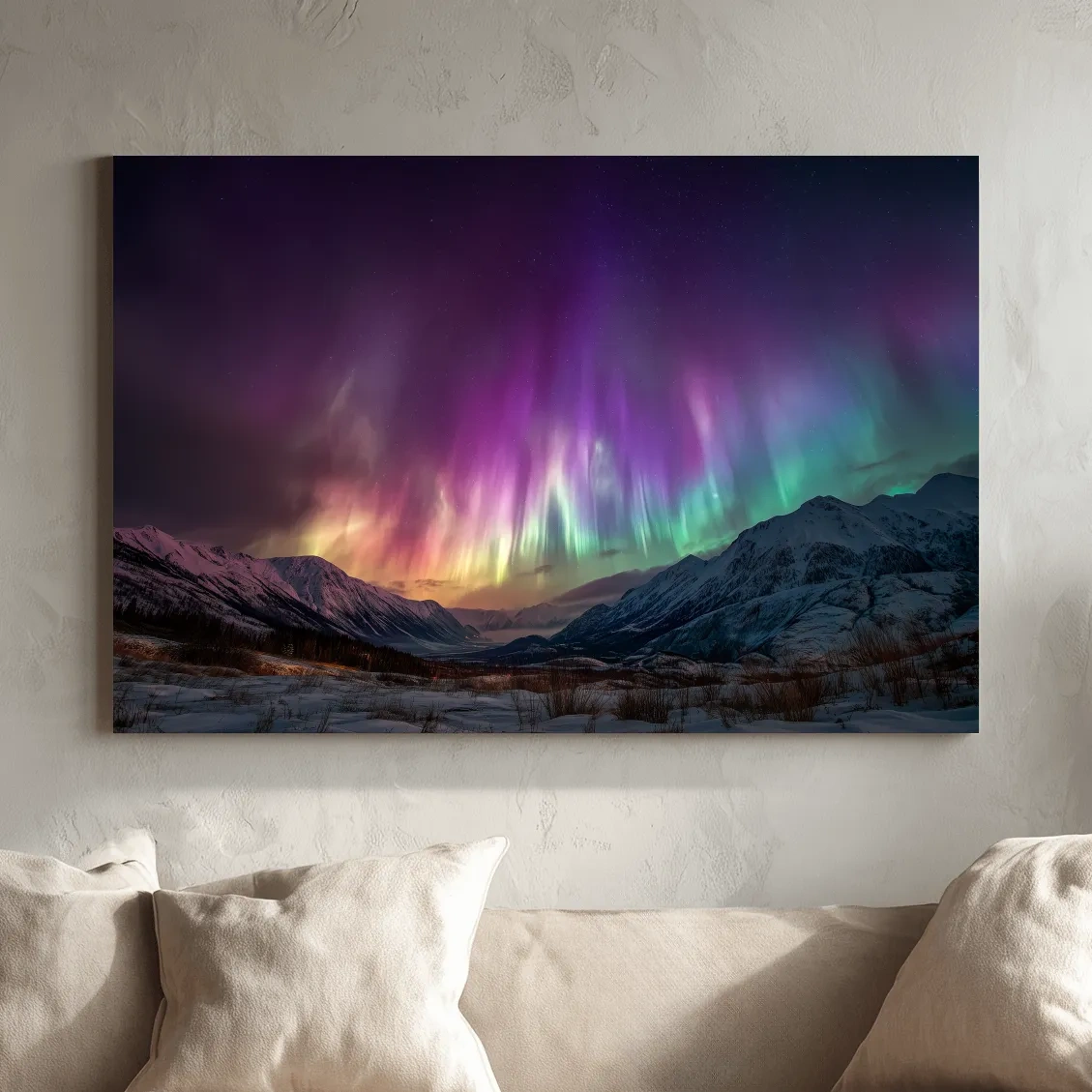 Vibrant Aurora Borealis Over Snowy Mountains - Northern Lights Night Sky Wall Art