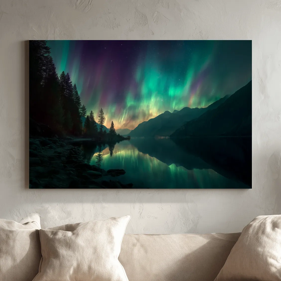 Vibrant Northern Lights Lake Reflection - Aurora Borealis Mountain Wall Art