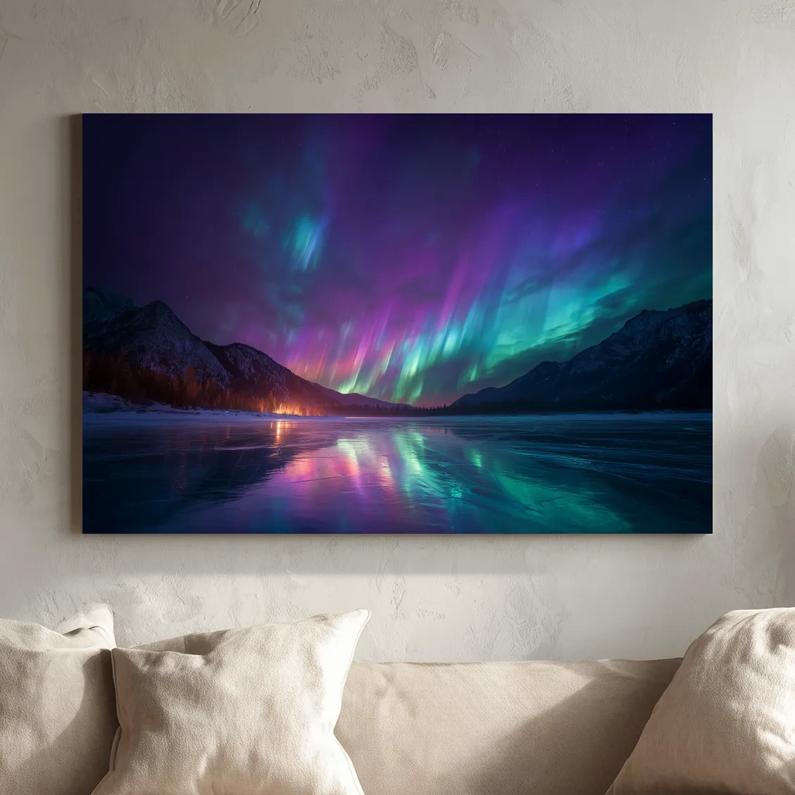 Vibrant Aurora Borealis Over Frozen Lake - Northern Lights Mountain Wall Art
