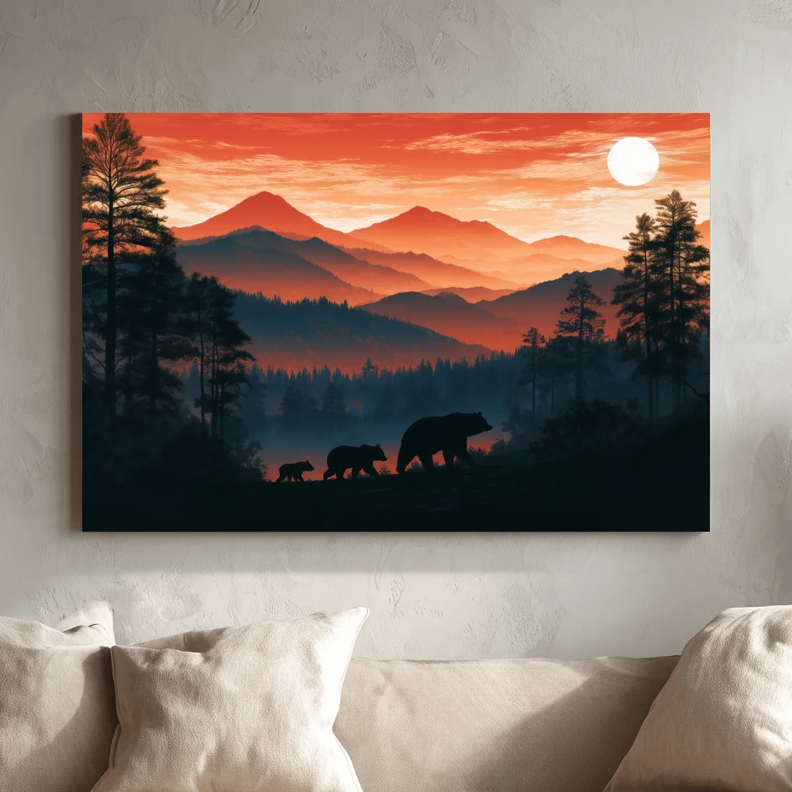Mountain Sunset Bear Family Silhouettes - Wilderness Landscape Artwork