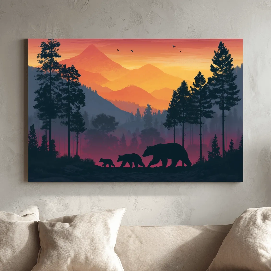 Sunset Momma Bear & Cubs Silhouette - Forest Wildlife Wall Art