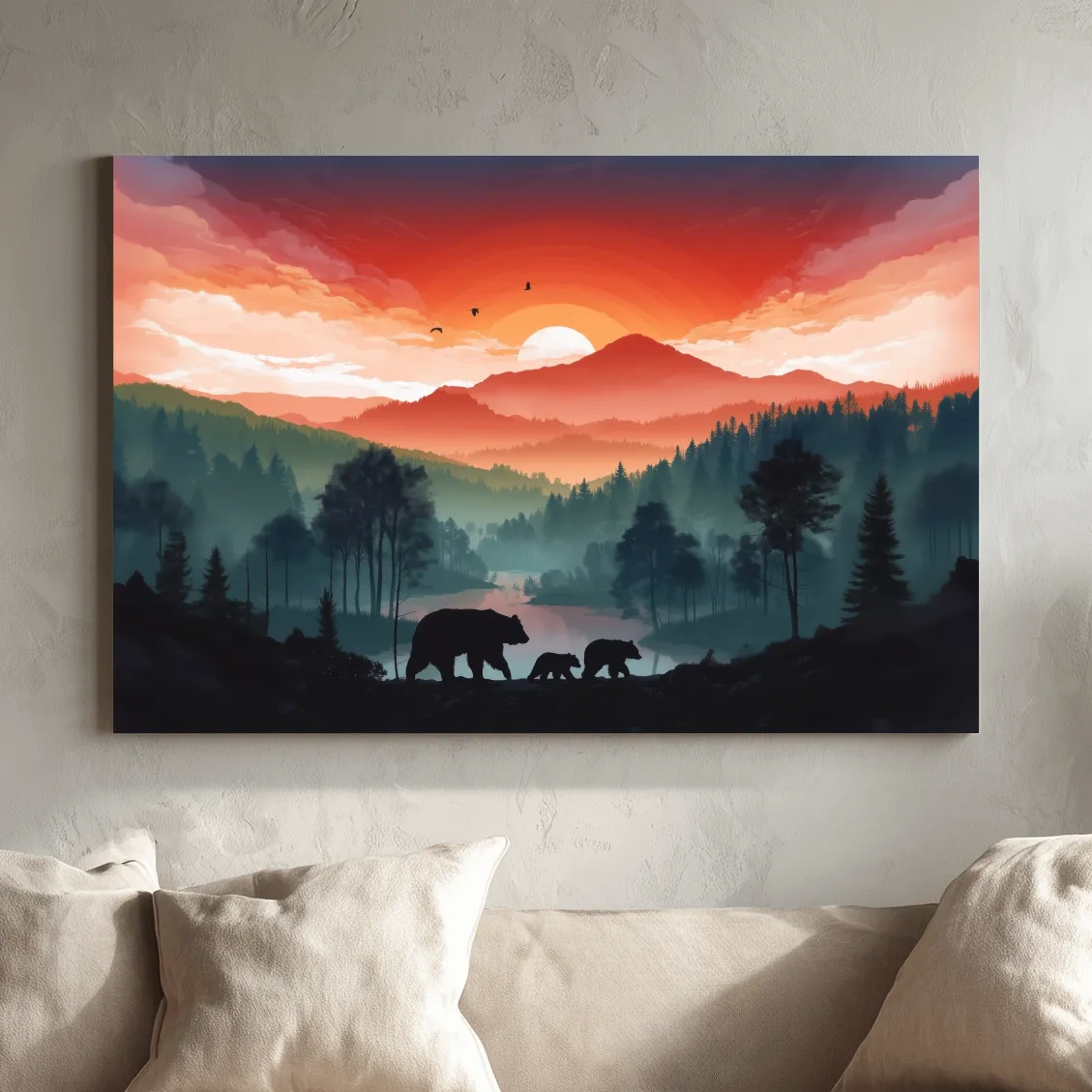 Sunset Bear Family Silhouette Landscape - Misty Mountain Forest Wall Art