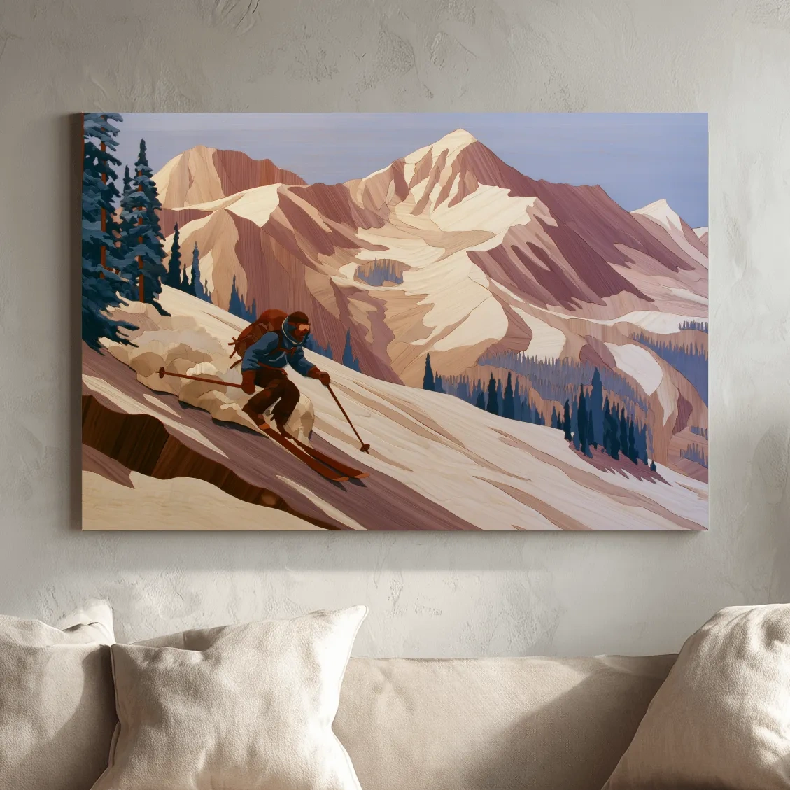 Backcountry Skier Descending Snowy Alpine Peaks - Modern Outdoor Adventure Wall Art