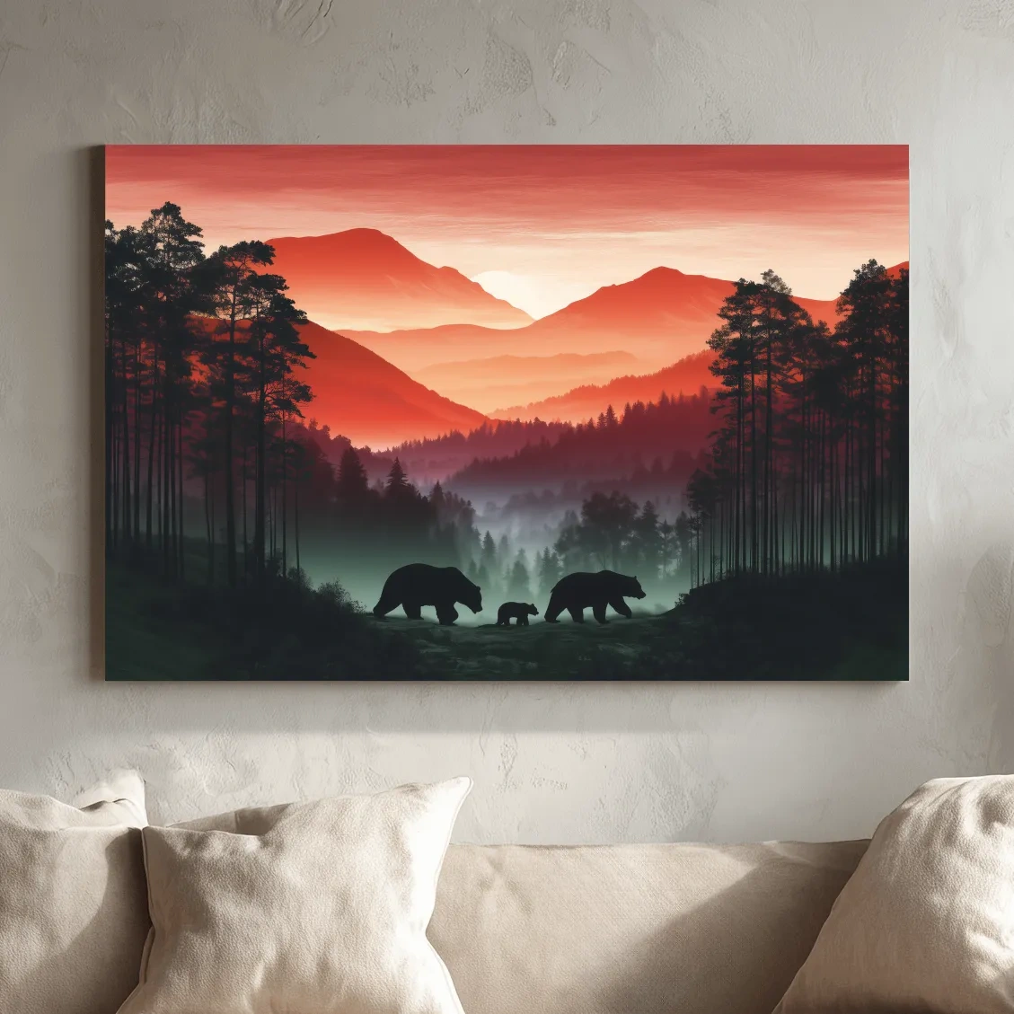 Moody Sunset Mountain Bear Family Silhouettes - Misty Forest Wildlife Wall Art