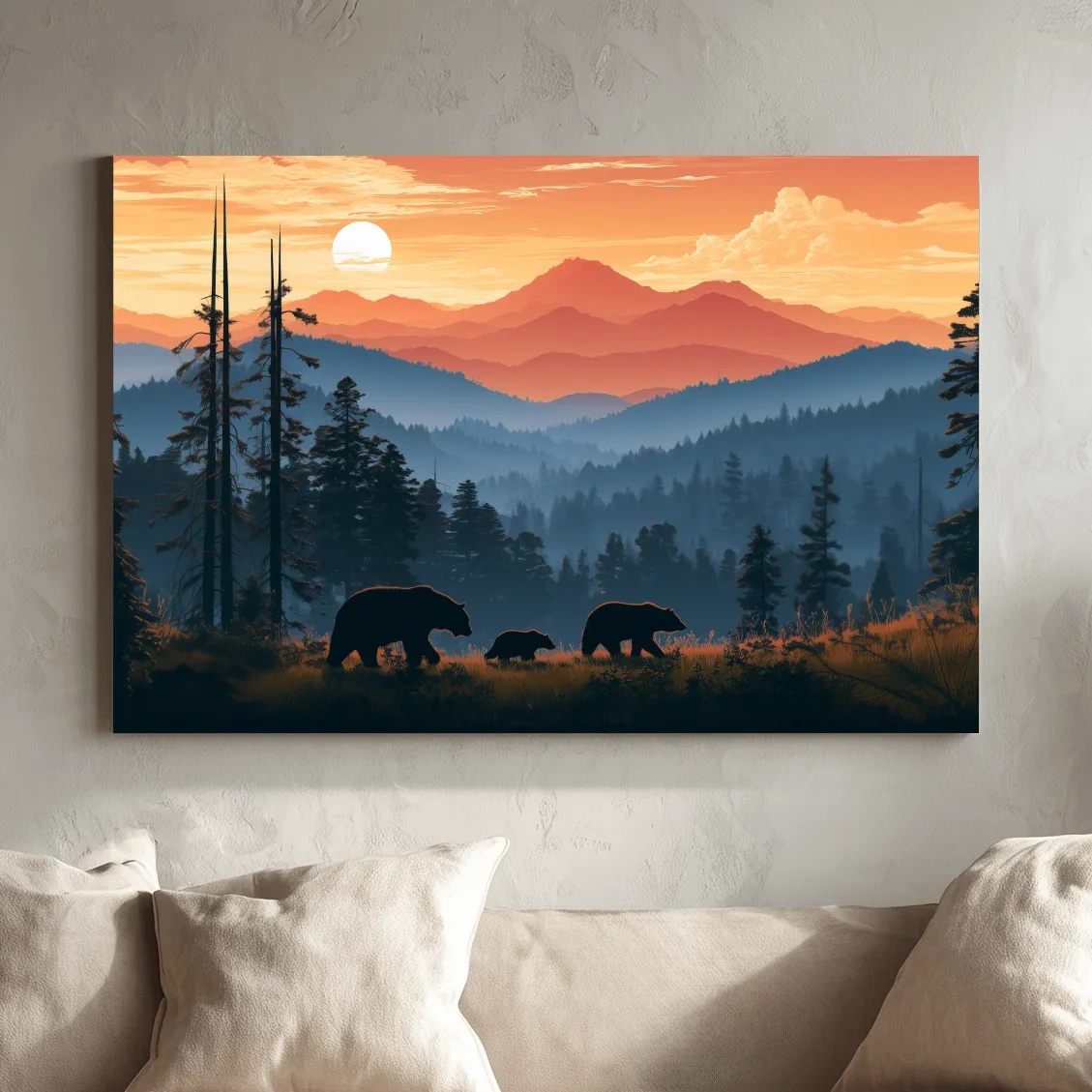 Bear Family Silhouettes - Mountain Sunset Wildlife Wall Art