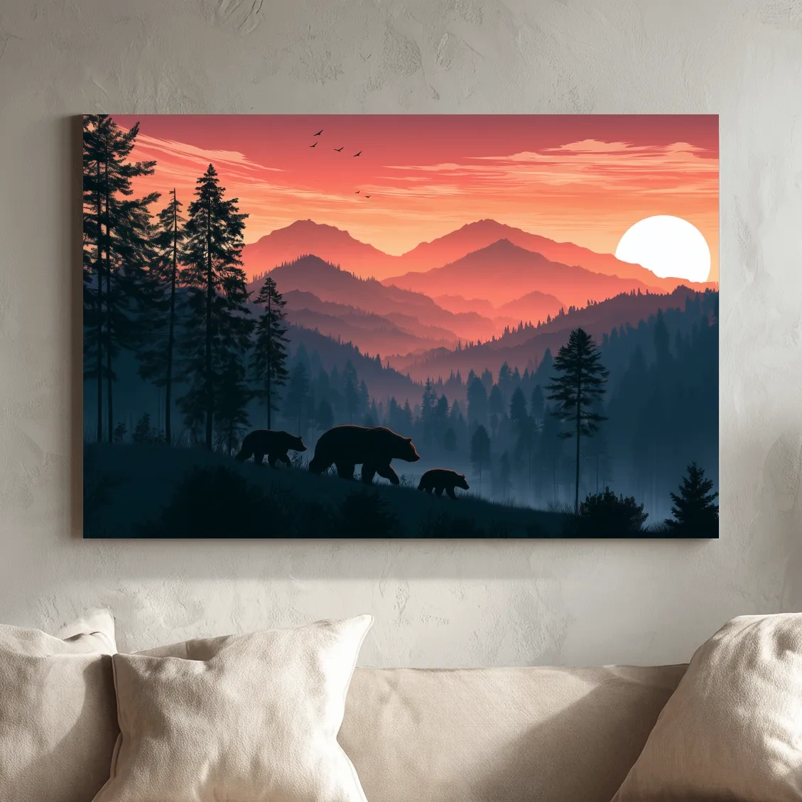 Bear Family Silhouette Mountain Sunset - Wildlife Landscape Wall Art