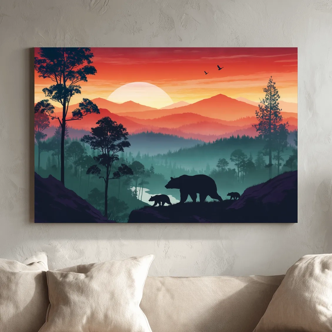 Sunset Mama Bear & Cubs Silhouette - Misty Forest Landscape Artwork