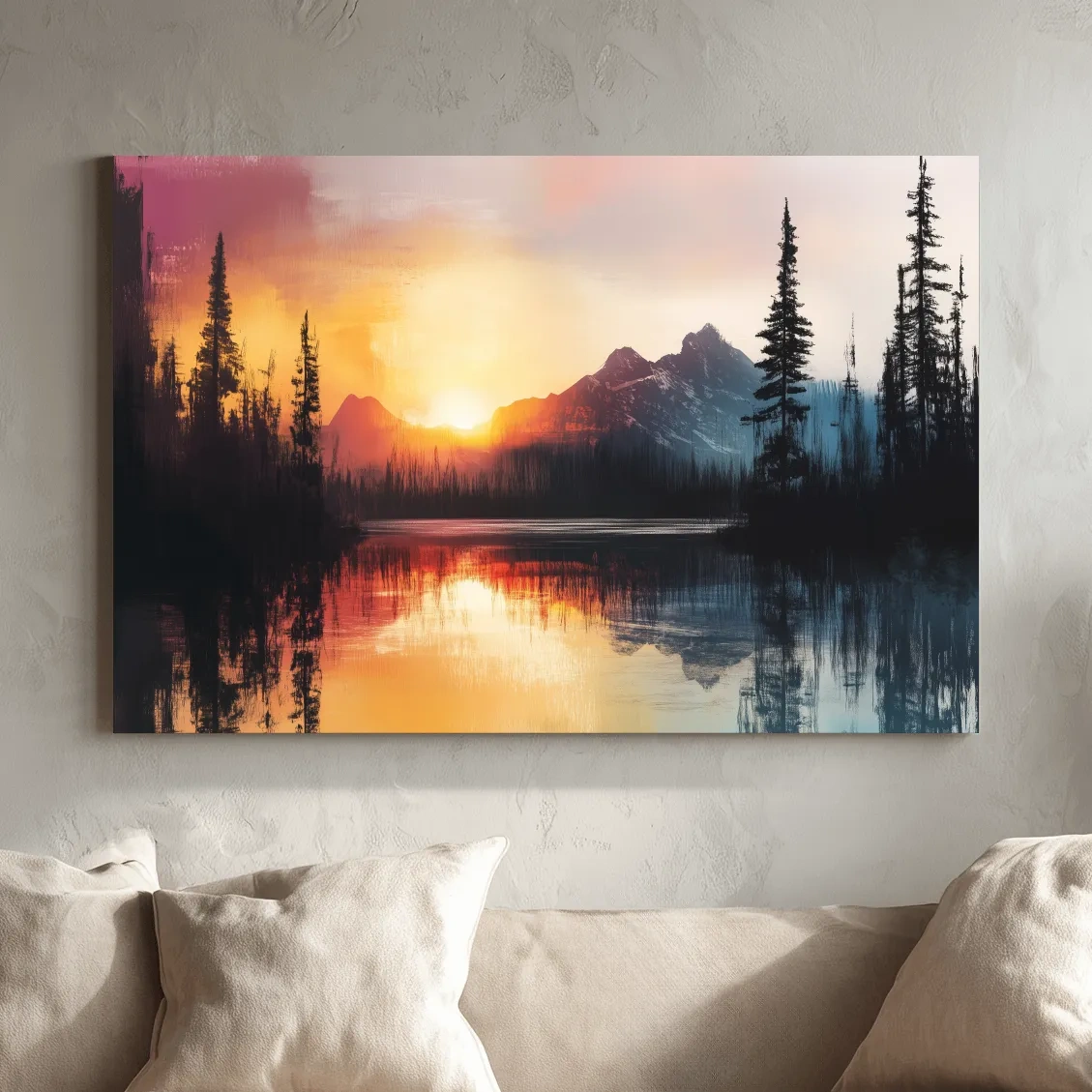 Sunset Mountain Lake Reflection Painting - Dramatic Pine Forest Landscape Wall Art