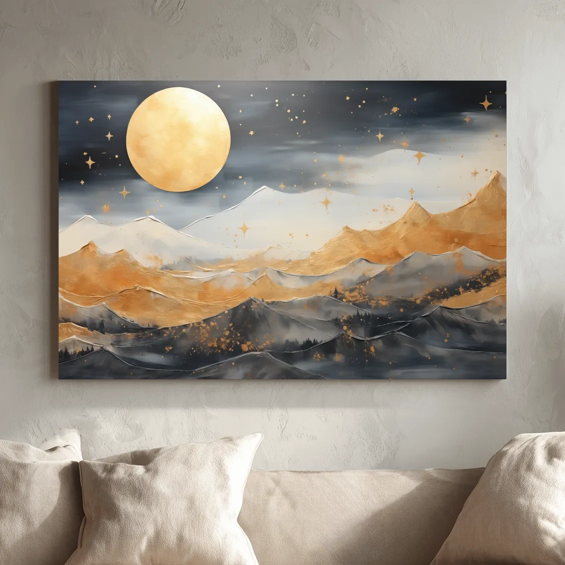Golden Moonlit Abstract Mountain Landscape - Modern Watercolor Wall Art