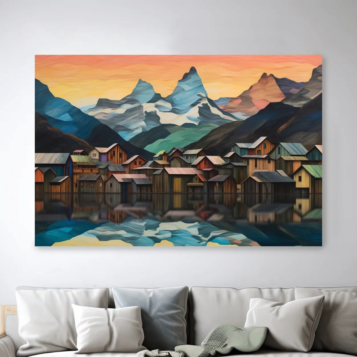 Alpine Mountain Village Reflections - Colorful Paper Cut Style Wall Art