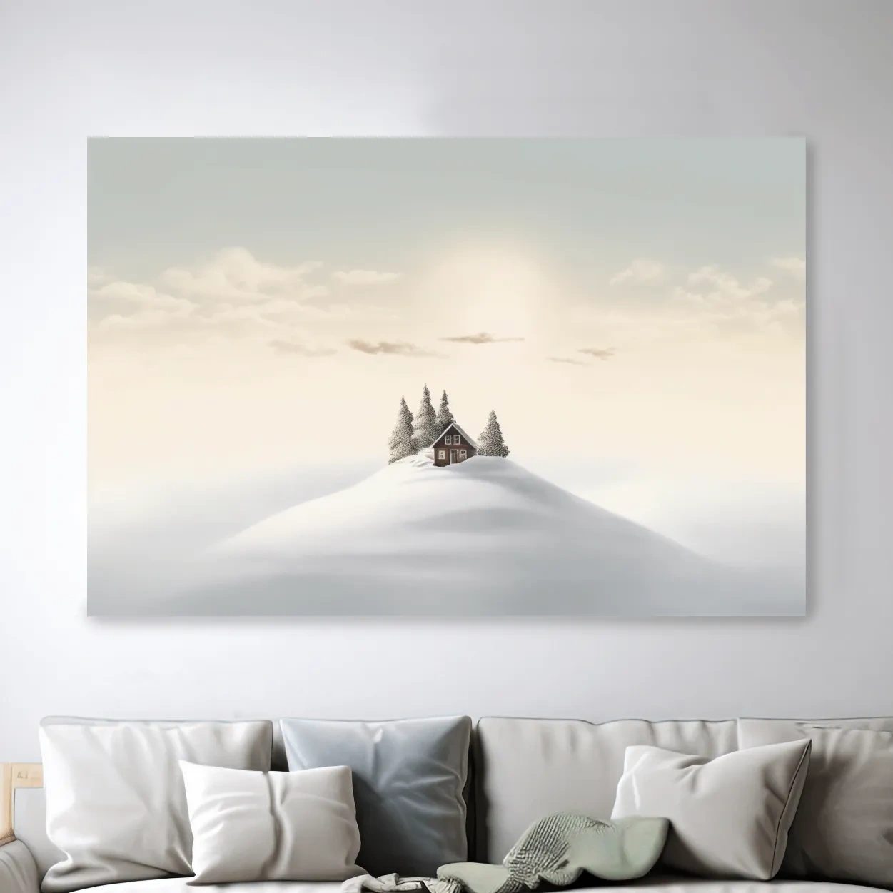 Minimal painting, cabin in the snow