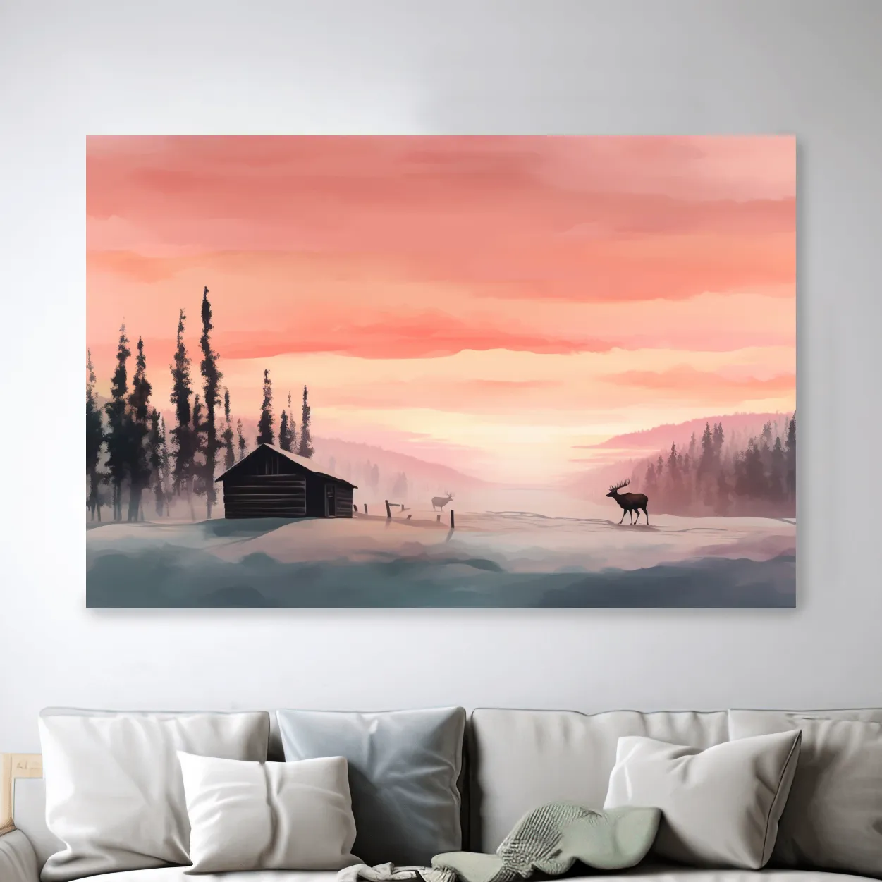 Sunset mountain scene, deer in the snow