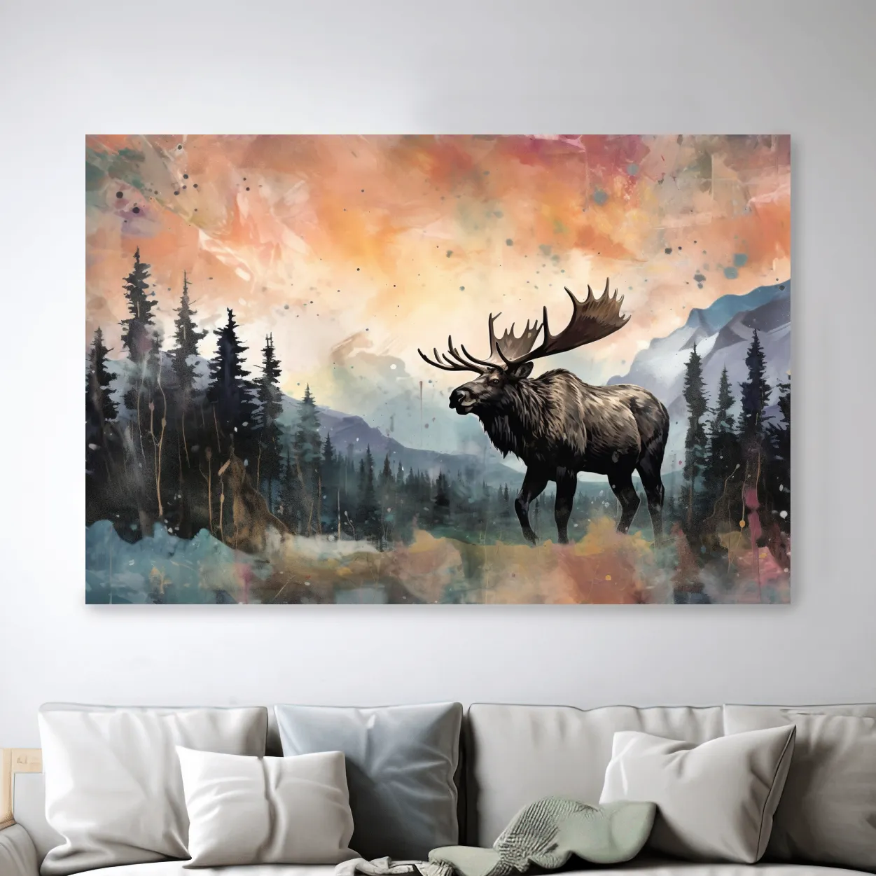 Abstract splattered painting of a moose in mountain scenery