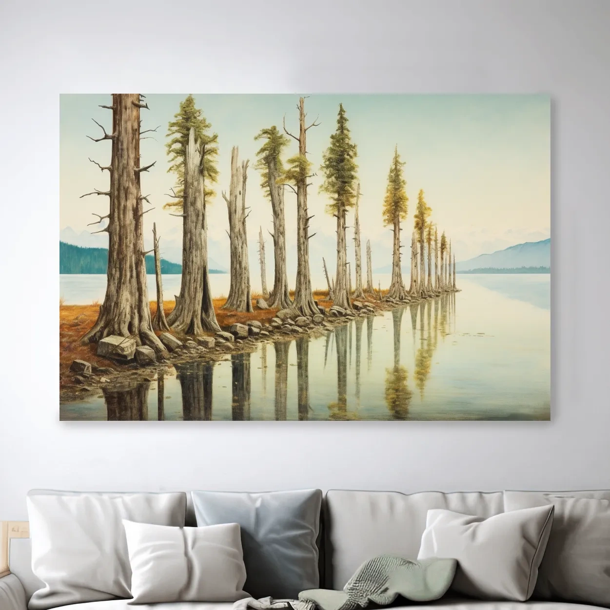 Painting of a line of trees beside a lake and mountains
