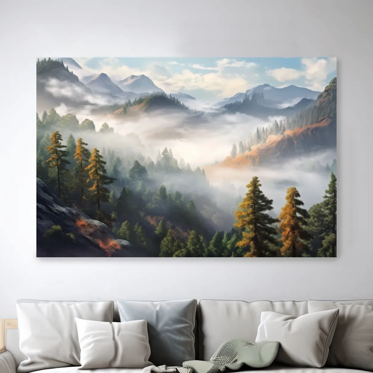 Misty Mountain Valley Forest Landscape - Serene Foggy Nature Painting Wall Art