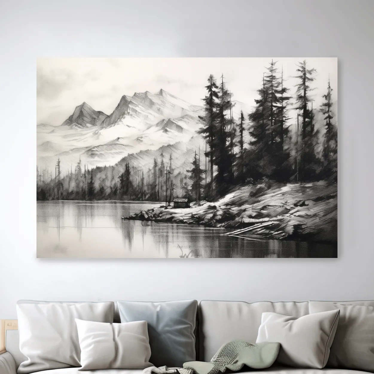 Charcoal drawing of mountains and a lake