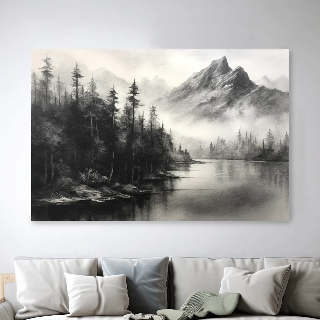 Charcoal drawing of mountains and a lake
