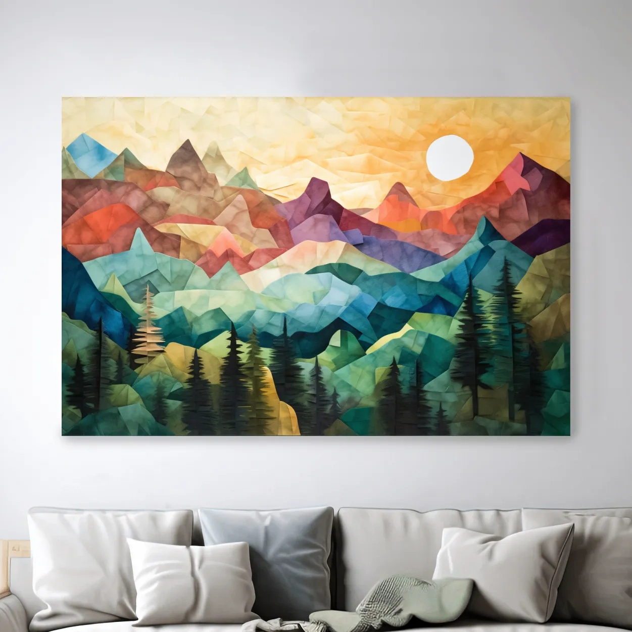 Abstract Sunset Mountain Canvas - Vibrant Patchwork Mosaic Art